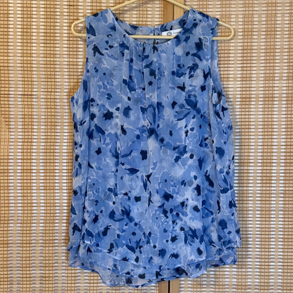 Cristina B Womens M Top Blue Watercolor Floral Sleeveless Tiered Cottagecore